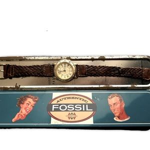 Vintage Fossil watch & tin holder